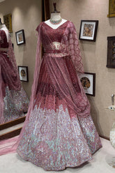 Maroon and Silver Net Sequinned Designer Lehenga